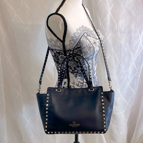 Valentino Garavani Navy Rockstud Calfskin Leather Tote With Shoulder Strap - Picture 14 of 16